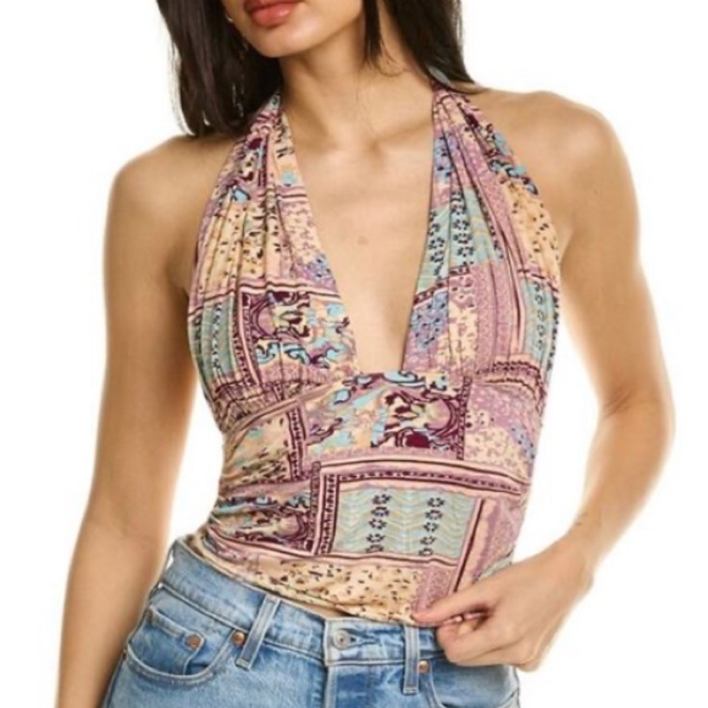 Free People Pastel Patchwork Halter Top in Pink, Blue, Cream